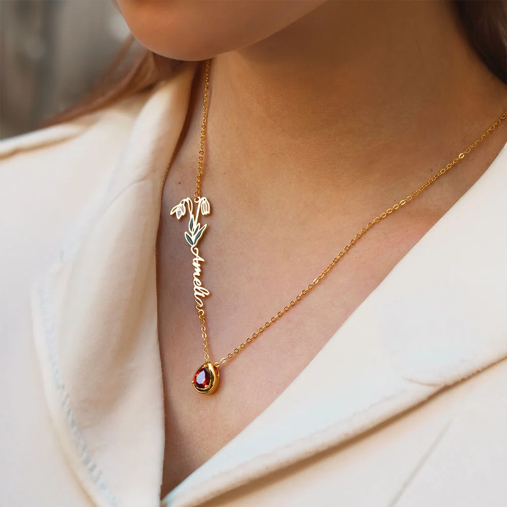 Personalized Necklace for Women with Stone Name and Birth Flower Birthday Gift - Gold